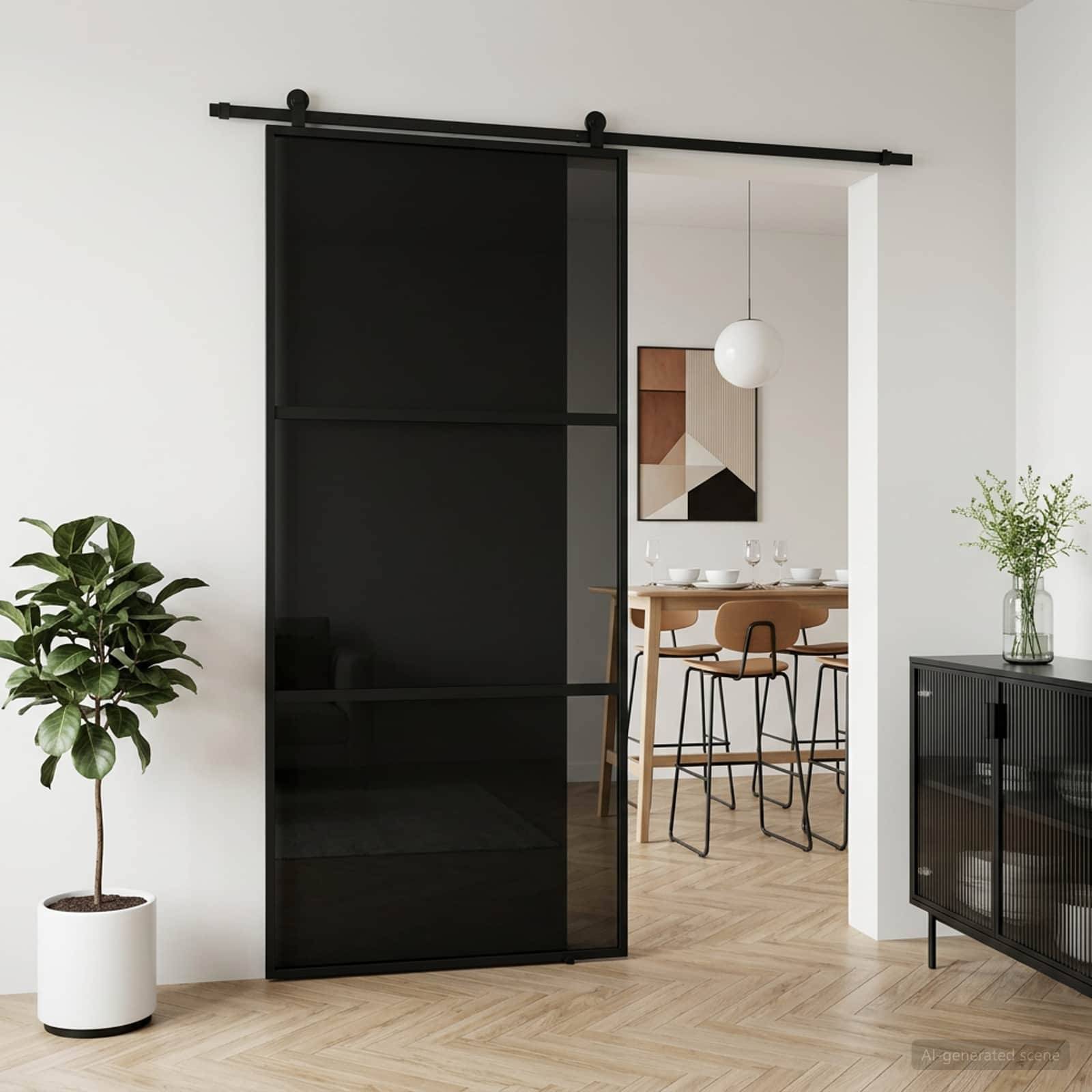 Schwarze Schiebescheunentür, teilweise offen zwischen einem Wohnbereich und einem Esszimmer, mit Topfpflanzen und einem modernen Tisch sichtbar im Hintergrund.