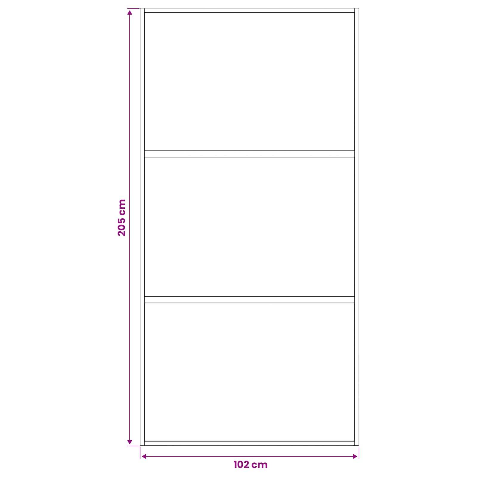 Vorderansicht-Diagramm eines rechteckigen Schranks oder einer Platte, gekennzeichnet mit 205 cm Höhe und 102 cm Breite, unterteilt in drei übereinander angeordnete Abschnitte.