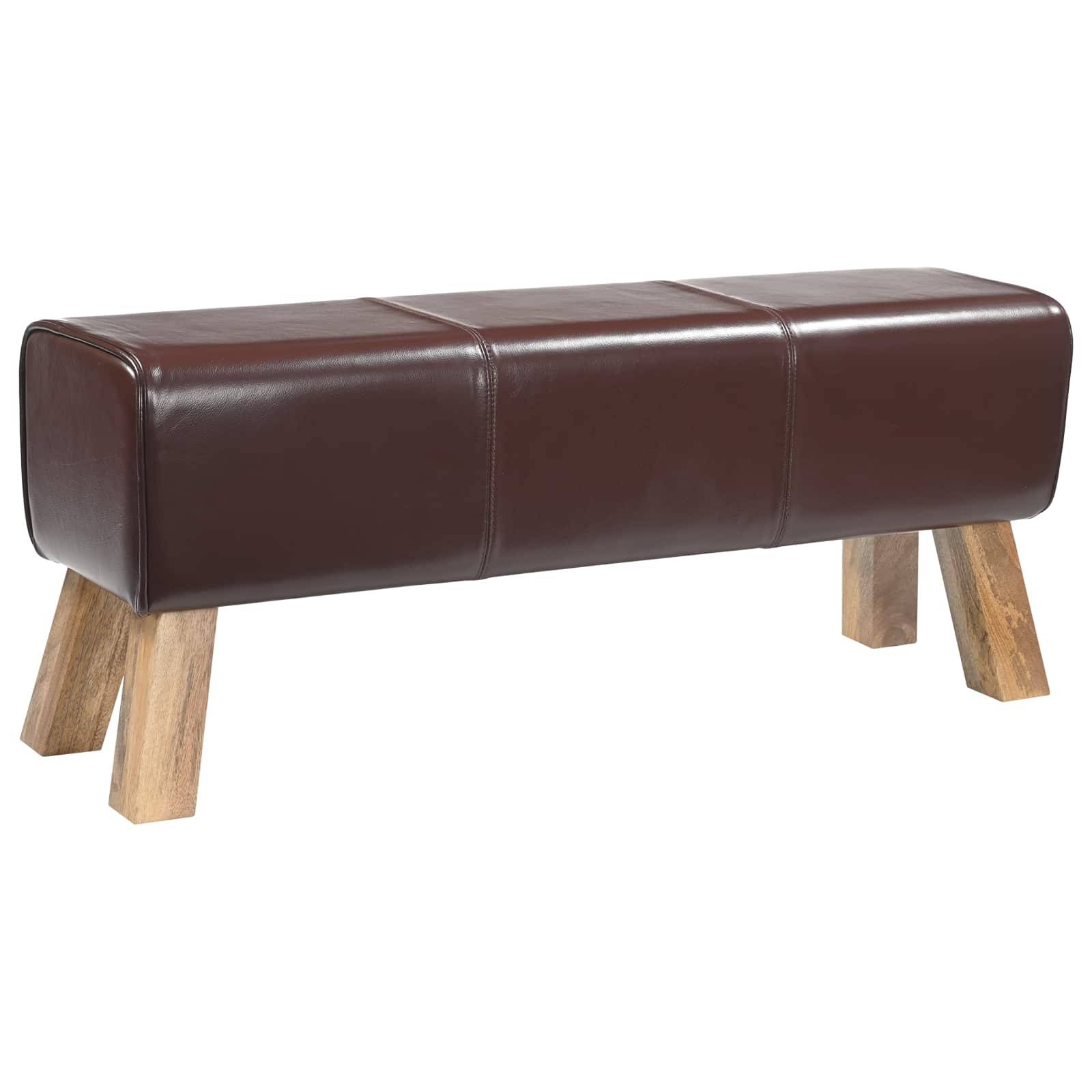 Braune gepolsterte Bankhocker mit rechteckiger Sitzfläche und hellen Holzbeinen auf weißem Hintergrund.
