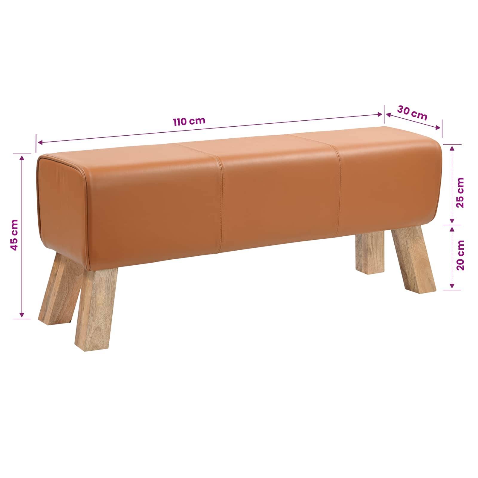 Braune gepolsterte Bank mit Holzbeinen, gezeigt mit den Abmessungen 110 cm lang, 45 cm hoch, 30 cm tief und 25 cm Sitzhöhe.