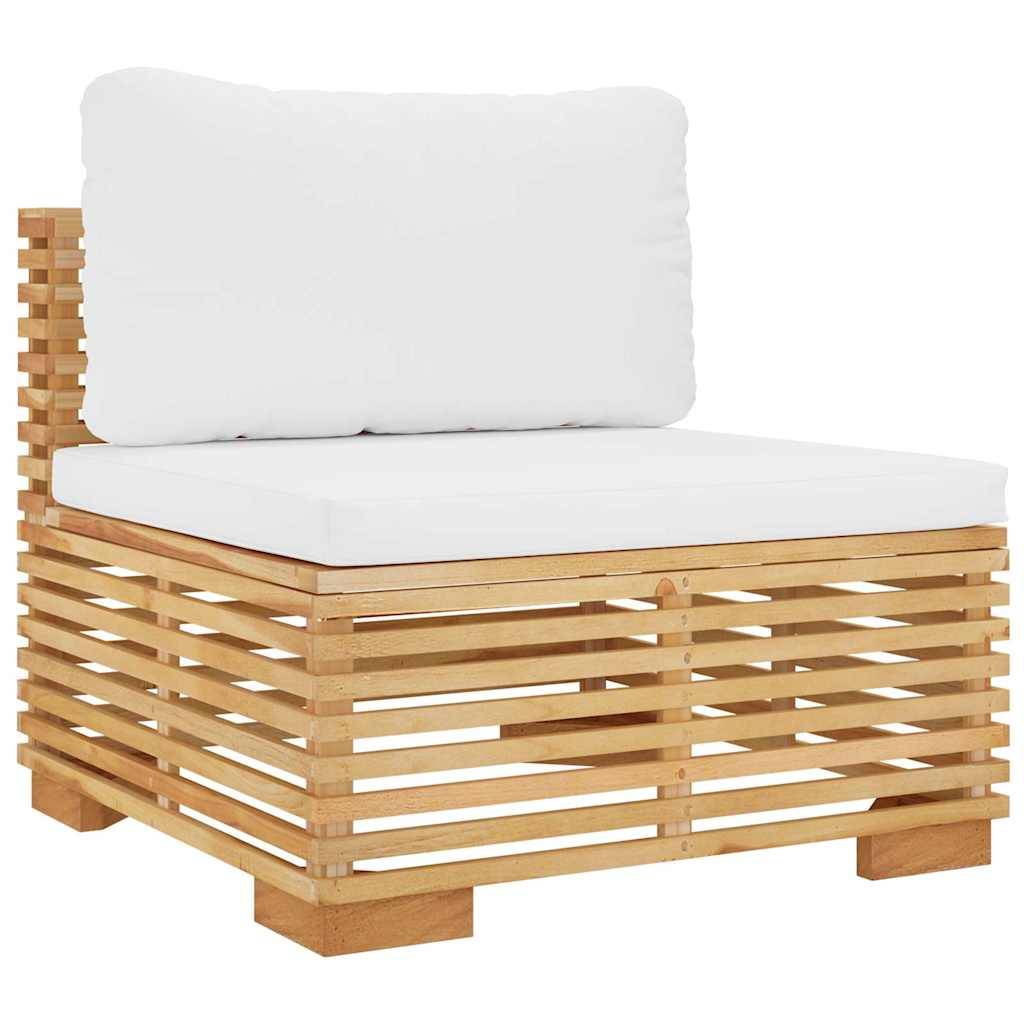 Holz-Außenliege mit Lamellenkonstruktion und weißem gepolstertem Sitz und Rückenlehne auf neutralem Hintergrund.