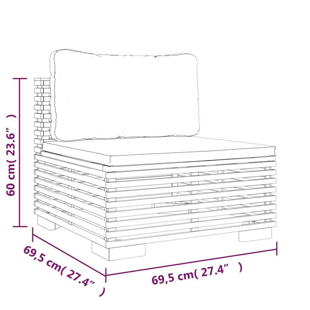 Illustration eines Gartenstuhls mit Lamellenbauweise und Rückenkissen, mit Abmessungen: 60 cm hoch und 69,5 cm breit und tief.