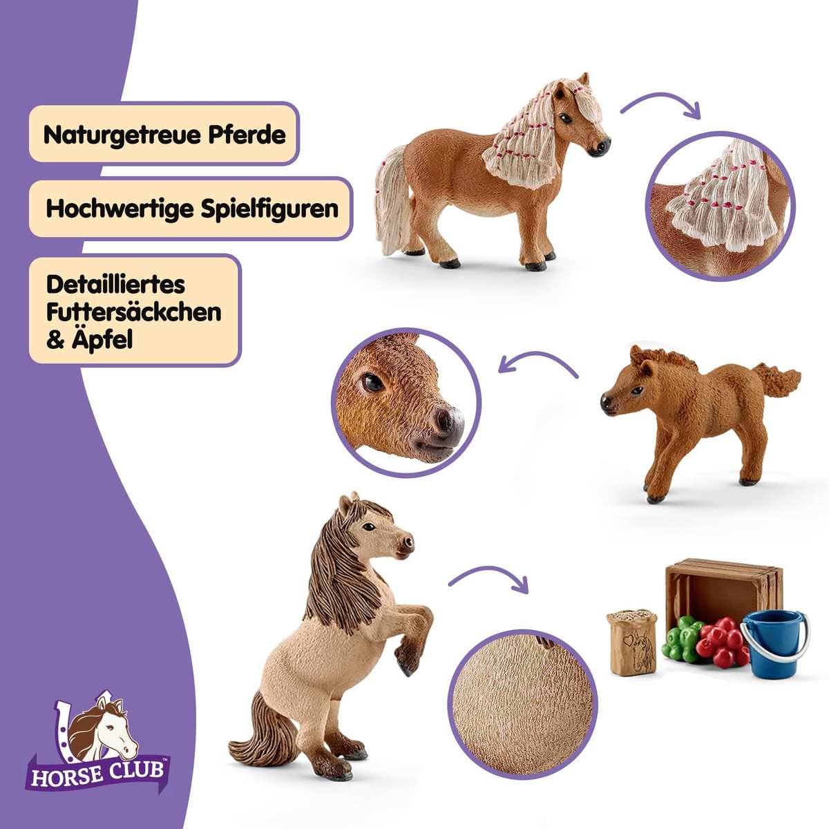 Horse Club Werbegrafik mit detaillierten Spielzeugpferd-Figuren mit Nahaufnahmen von geflochtener Mähne, Fell und mitgelieferten Futtersäcken und Äpfeln.