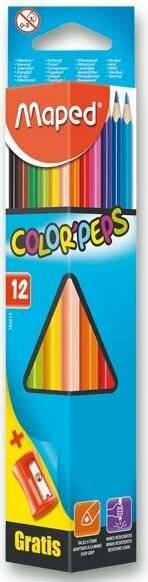 Packung Maped Color'Peps Buntstifte, 12er-Set, gezeigt in blauer Verpackung mit Regenbogendreieck und 