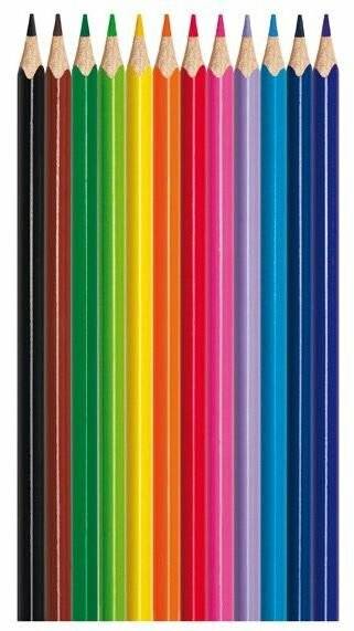 Reihe von gespitzten Farbstiften, die nach Regenbogenfarben angeordnet sind, von Schwarz und Brauntönen über Grün, Gelb, Orange, Rot, Rosa, Lila, Blau bis zu Dunkelblau.