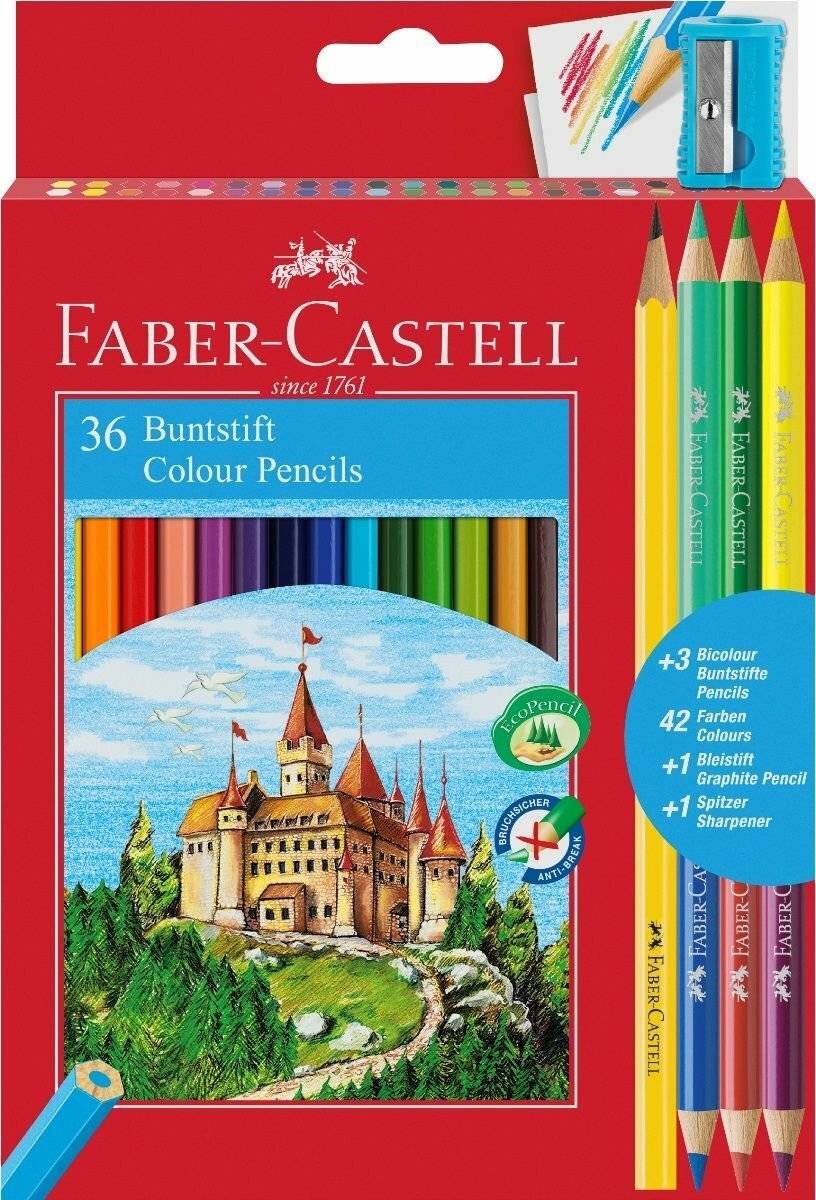 Faber-Castell 36er-Set Buntstifte in roter Verpackung mit Burgillustration und eingebautem Anspitzer.