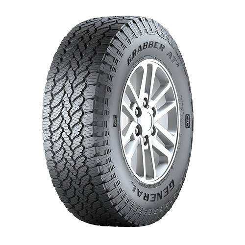 Ein schwarzer Geländereifen auf einem silbernen Leichtmetallrad, mit den Bezeichnungen 