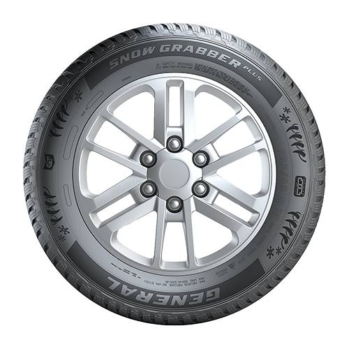 Ein Winterautoreifen mit Leichtmetallrad, beschriftet mit „SNOW GRABBER PLUS