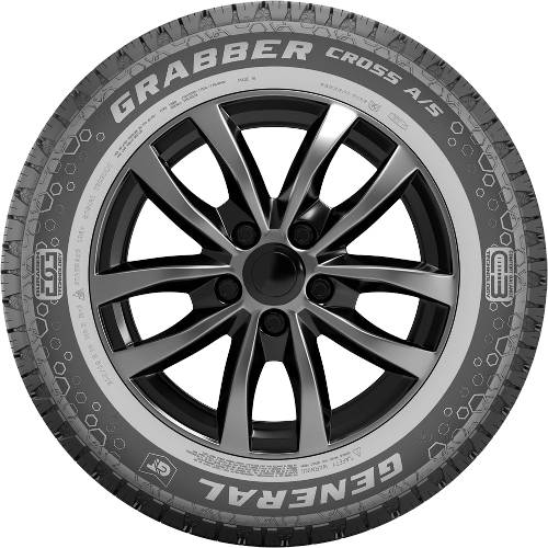 Nahaufnahme eines schwarz-silbernen Autorades mit einem Allzweckreifen mit der Beschriftung „GRABBER CROSS A/S