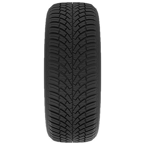 Vorderansicht eines schwarzen Autoreifens mit tiefem Winterprofil auf einfachem dunklem Hintergrund.