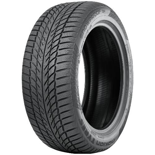 Ein schwarzer Winterreifen, in einem Winkel gezeigt, mit tiefem Profil und der Beschriftung „Snowproof 3P