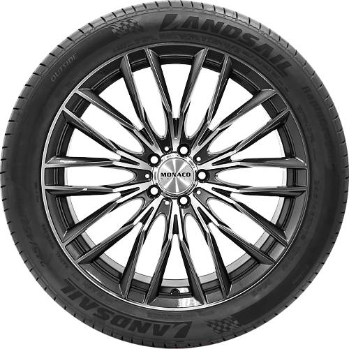 Schwarzes MONACO-Leichtmetallrad mit LANDSAIL-Reifen, frontal vor schwarzem Hintergrund dargestellt.