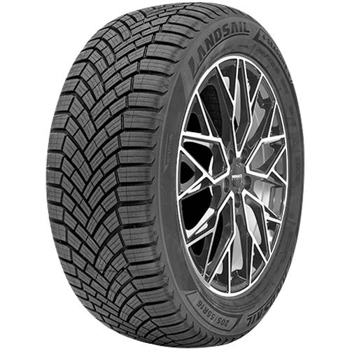 Ein schwarzer Ganzjahresreifen auf einer stilvollen Leichtmetallfelge, dargestellt in einer produktstilisierten Seitenansicht vor schwarzem Hintergrund.