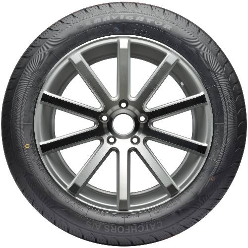 Vorderansicht eines Autoreifens auf einem silbernen Leichtmetallrad mit mehreren Speichen vor schwarzem Hintergrund.