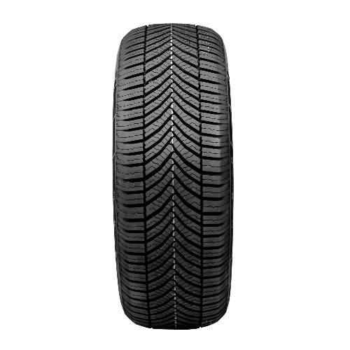 Frontale Ansicht eines Autoreifens mit tiefem gerichtungsorientiertem Profil auf schwarzem Hintergrund.