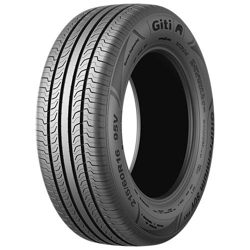 Ein einzelner Giti-Autoreifen auf schwarzem Hintergrund, angewinkelt, um das Profil und die Seitenwandmarkierungen einschließlich '215/60R16 95V' zu zeigen.