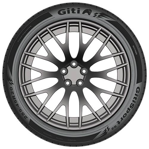 Schwarzes Mehrlenker-Leichtmetallrad mit einem Giti Sport S2-Reifen frontal vor einfachem Hintergrund gezeigt.