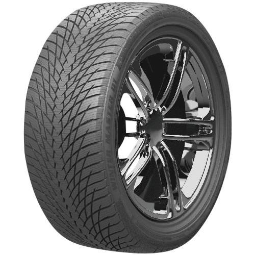 Schwarzer Autoreifen mit Profilmuster auf einem glänzenden verchromten Leichtmetallrad, isoliert auf schwarzem Hintergrund dargestellt.