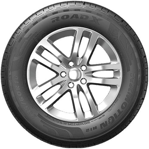 Silberne Legierungsfelge mit einem schwarzen RoadX-Reifen, frontal auf neutralem Hintergrund dargestellt.