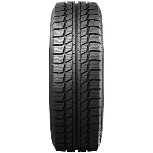 Vorderansicht eines schwarzen Autoreifens mit tiefem Winterprofil, zentriert auf einfachem schwarzem Hintergrund.
