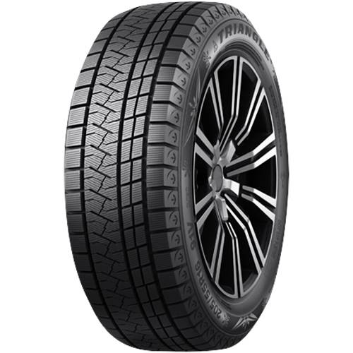 Schwarzer Trianglo-Reifen mit Leichtmetallrad, dargestellt in Dreivierttelansicht auf schwarzem Hintergrund.
