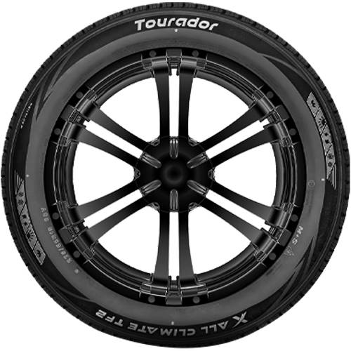Black Tourador X All Climate TF2 Reifen frontal dargestellt mit glänzendem schwarzem Mehrspeichen-Raddesign.
