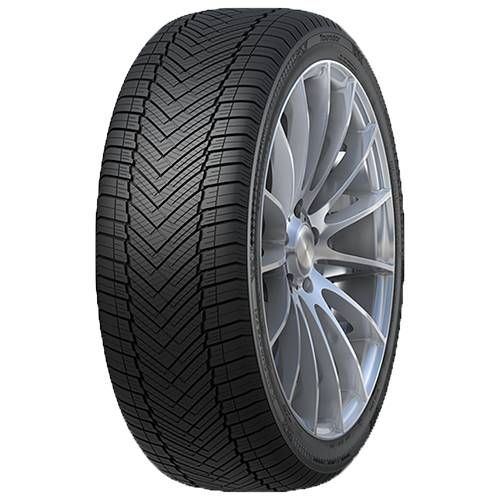Ein schwarzer Autoreifen mit einer silbernen Leichtmetallfelge auf schwarzem Hintergrund, in einem Winkel angezeigt, um das Profilmuster und die Felge zu zeigen.
