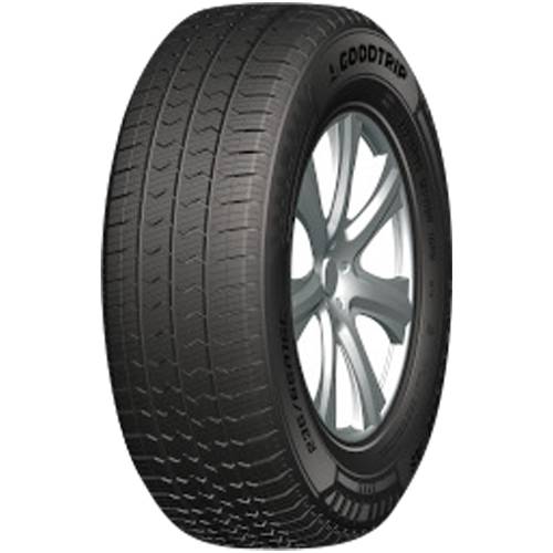 Ein einzelner Goodyear-Autoreifen mit Leichtmetallrad vor schwarzem Hintergrund.