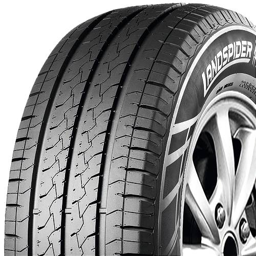 Nahaufnahme eines Autoreifens und einer Leichtmetallfelge mit sichtbarem Profil und „LANDSPIDER