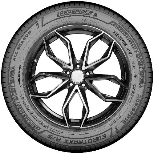 Schwarze Legierungsfelge für Autos mit fünf geteilten Speichen und einem Goodyear Eagle Sport Ganzjahresreifen, von vorne fotografiert.