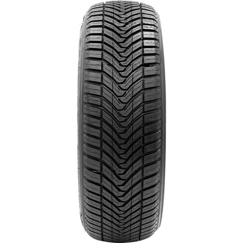 Vorderansicht eines Autoreifens mit Laufflächenmuster in Laufrichtung auf schwarzem Hintergrund.