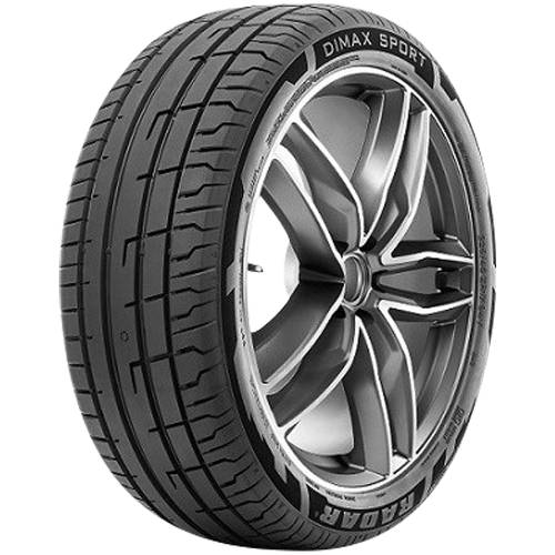Ein schwarzer Performance-Autoreifen mit Leichtmetallfelge, gezeigt auf einem einfachen dunklen Hintergrund, gekennzeichnet mit 'DIMAX SPORT' und 'HANKOOK'.