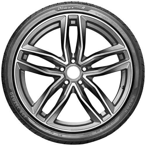 Autoreife auf einem schwarzen und silbernen fünflochigen Leichtmetallrad montiert, frontal gegen einen einfachen Hintergrund gezeigt.