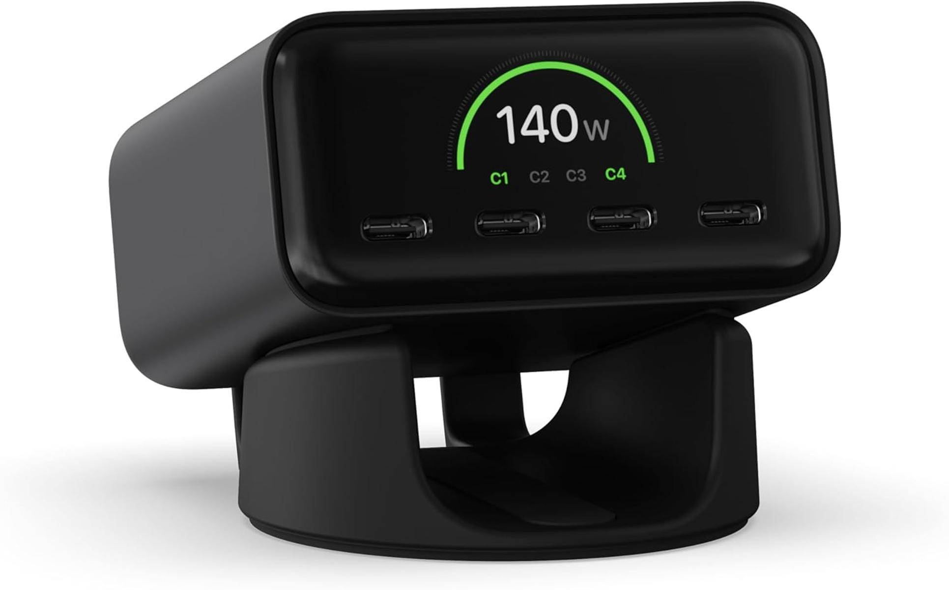 Schwarzes USB-C-Mehrfach-Ladegerät mit Anzeige „140W