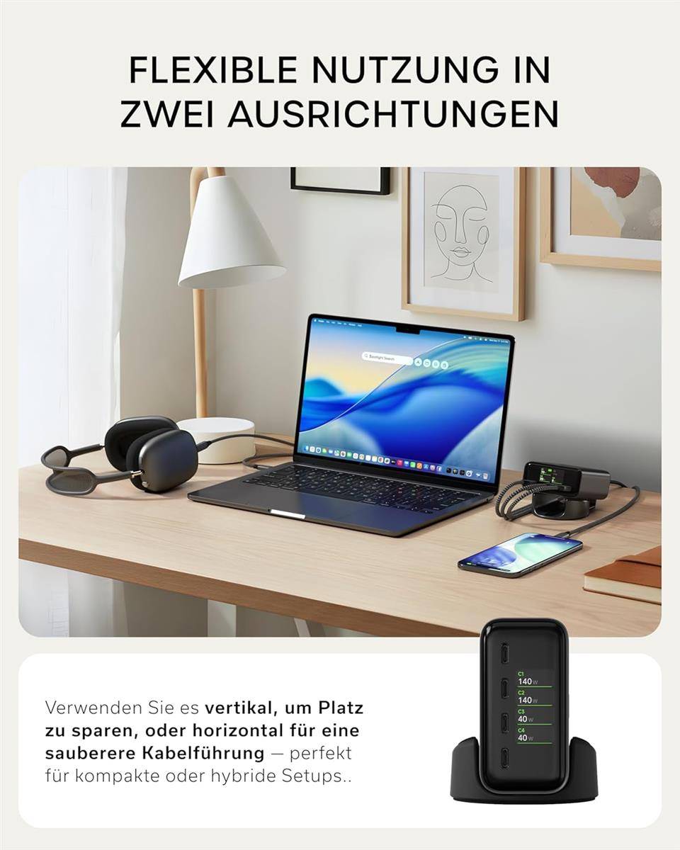 Die Anzeige zeigt einen Laptop auf einem aufgeräumten Schreibtisch mit einem Telefon auf einem Ständer und Kopfhörern. Sie bewirbt „FLEXIBLE NUTZUNG IN ZWEI AUSRICHTUNGEN