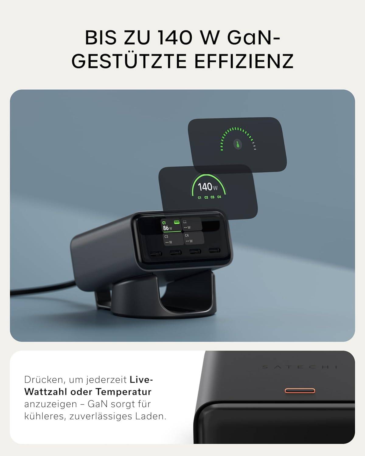 SATECHI ChargeView™ 140W GaN Tischladegerät Live-Leistungsanzeige 4 Port USB-C