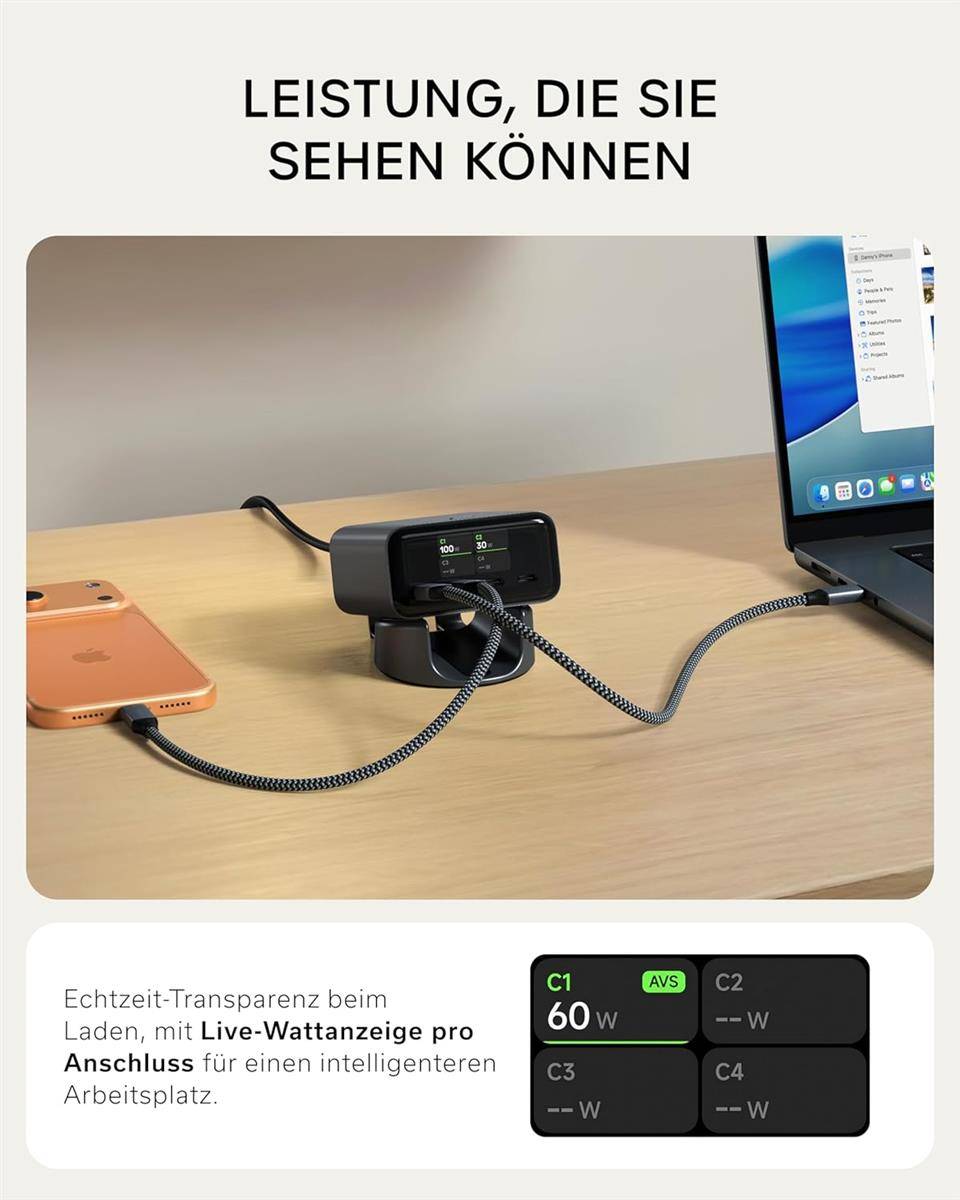 SATECHI ChargeView™ 140W GaN Tischladegerät Live-Leistungsanzeige 4 Port USB-C