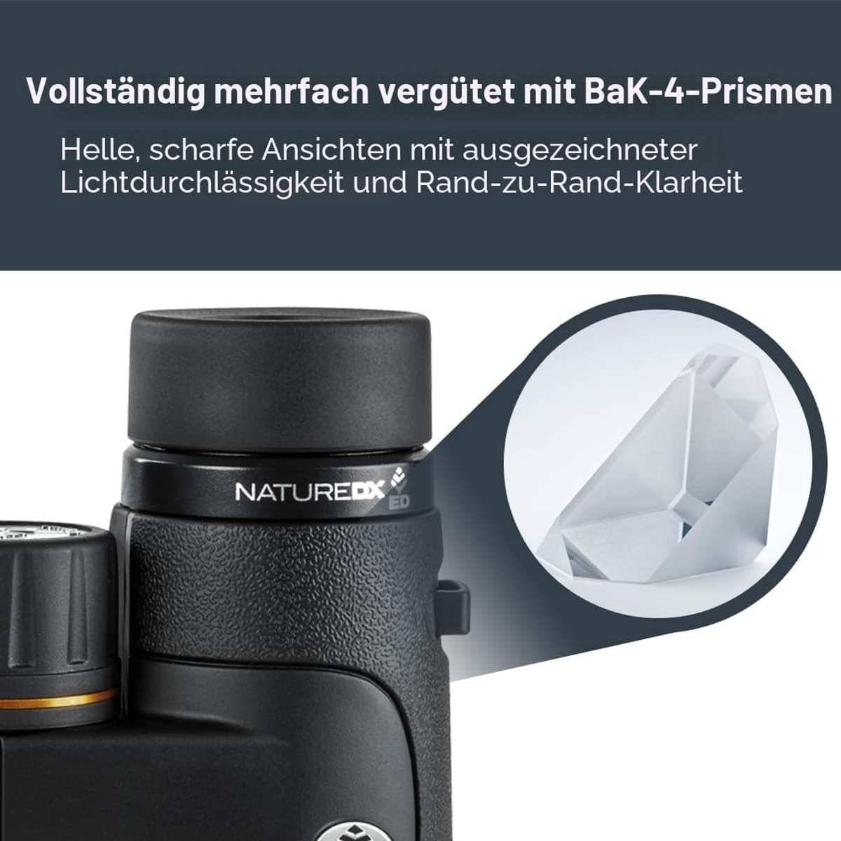 NatureDX-Fernglas mit vergrößertem Ausschnitt von Prismenkristallen; deutscher Text besagt vollständig mehrschichtig beschichtete BaK-4-Prismen für helle, klare Randansichten von Kante zu Kante.
