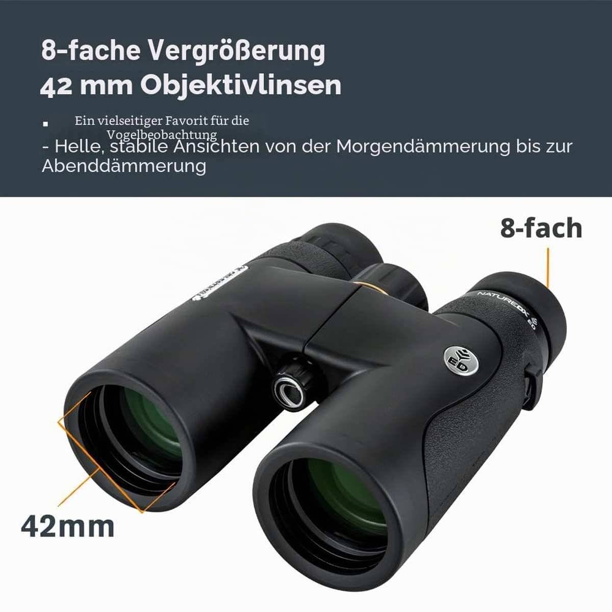 Schwarze Ferngläser mit der Beschriftung „8-fach Vergrößerung