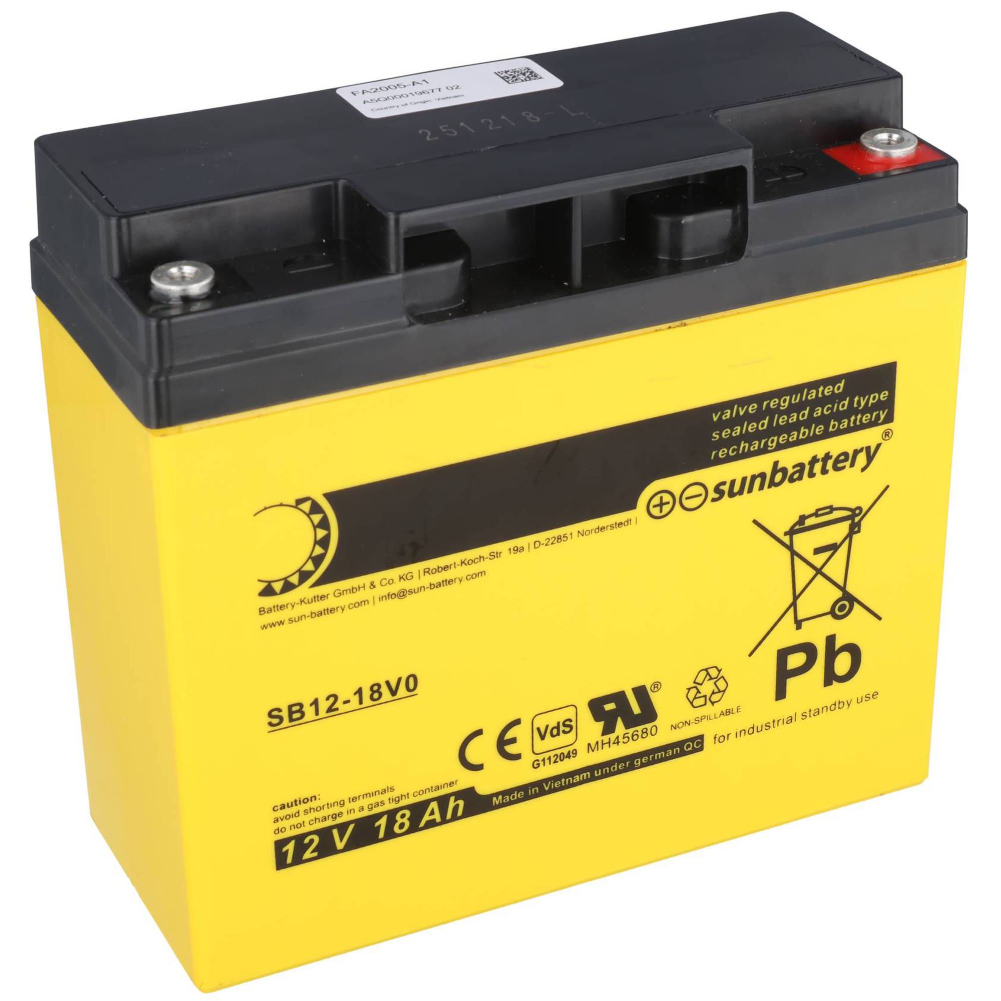 Gelbe Sunbattery 12V 18Ah wartungsfreie Blei-Säure-Batterie mit schwarzem Deckel und Anschlüssen