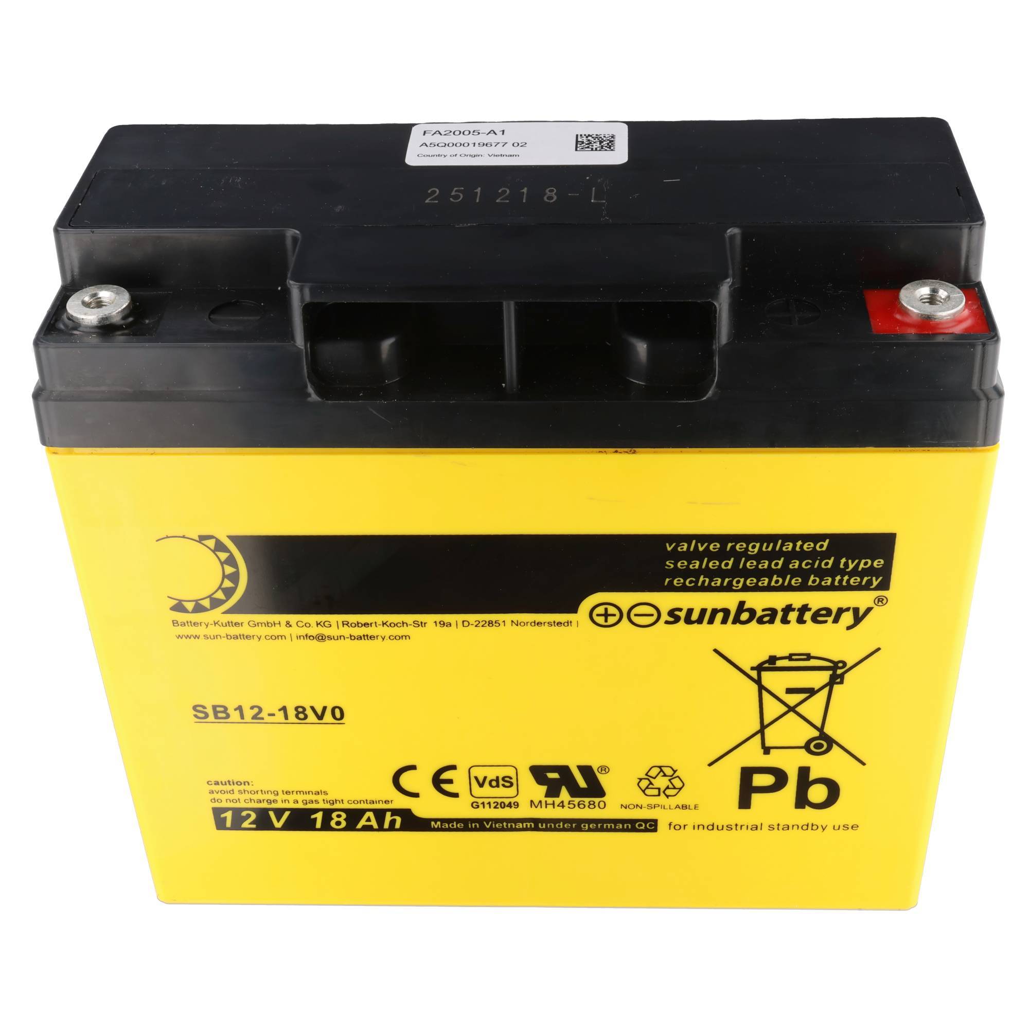 Yellow Sunbattery 12V 18Ah versiegelter Blei-Säure-Akku mit schwarzem Deckel und Anschlüssen.