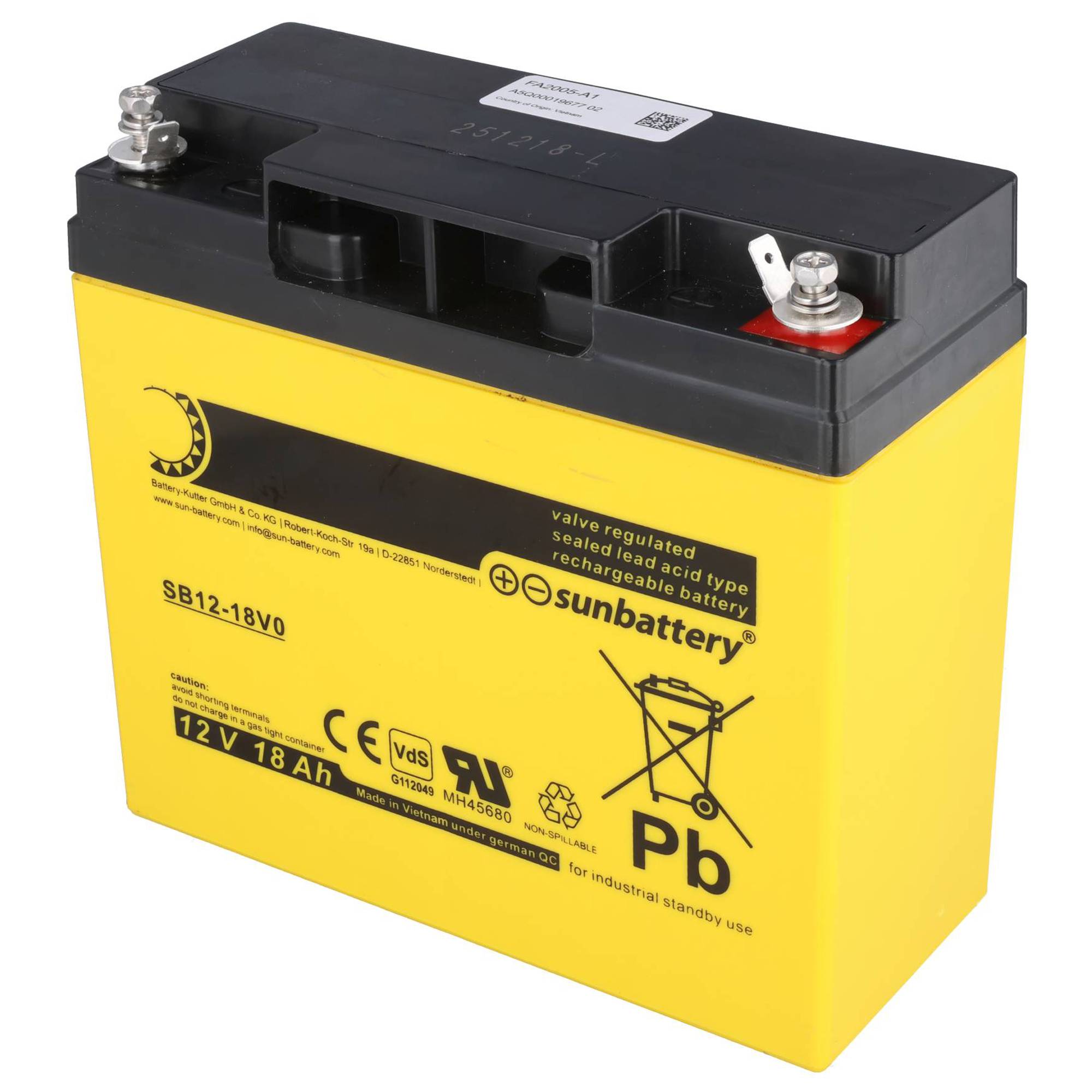 Gelbe 12-V-18-Ah-wiederaufladbare Bleiakkubatterie mit schwarzen Oberflächenanschlüssen und „Pb