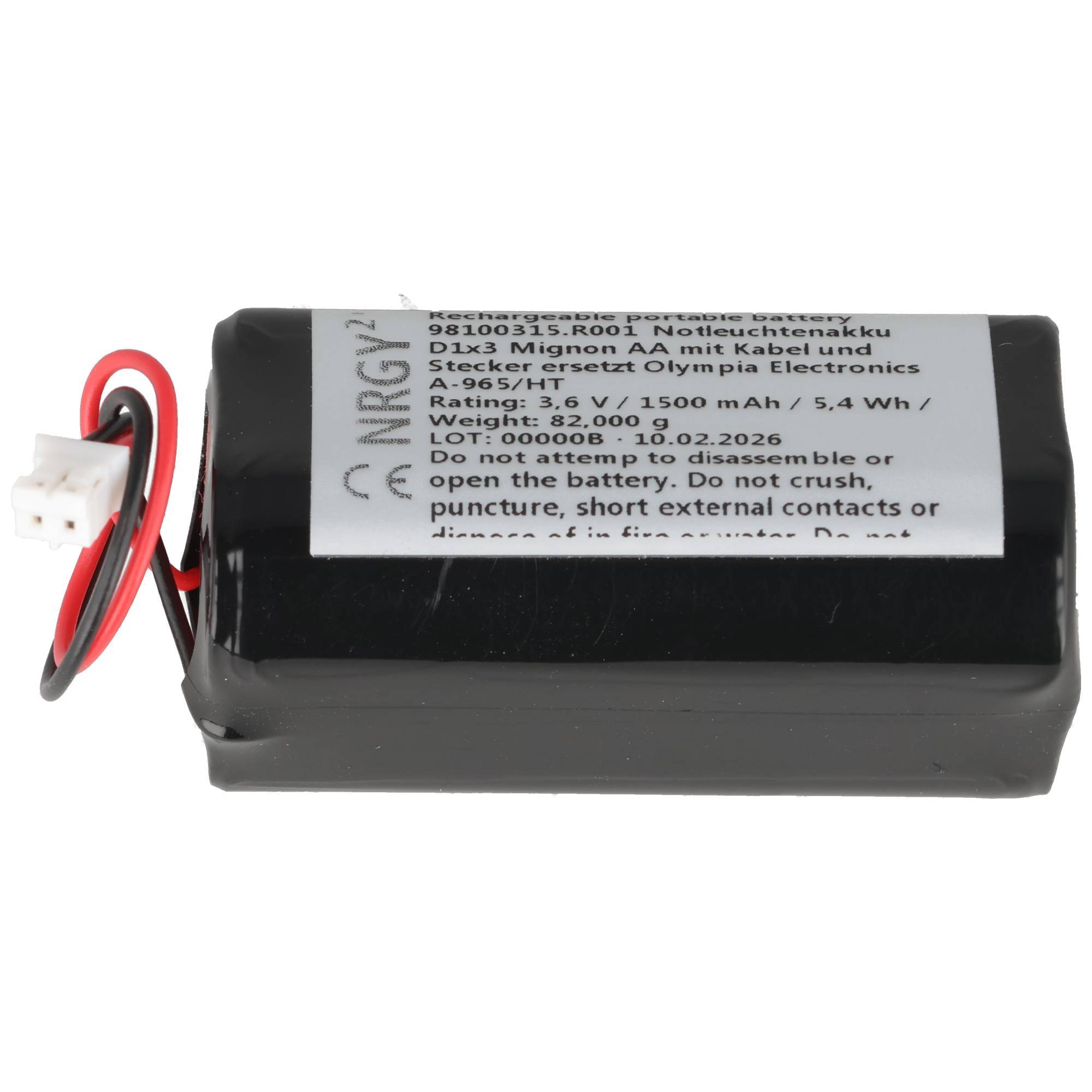 Schwarzes wiederaufladbares Batteriepak mit roten und schwarzen Kabeln und weißem Anschluss, mit der Bezeichnung 3,6V 1500 mAh, auf weißem Hintergrund gezeigt.
