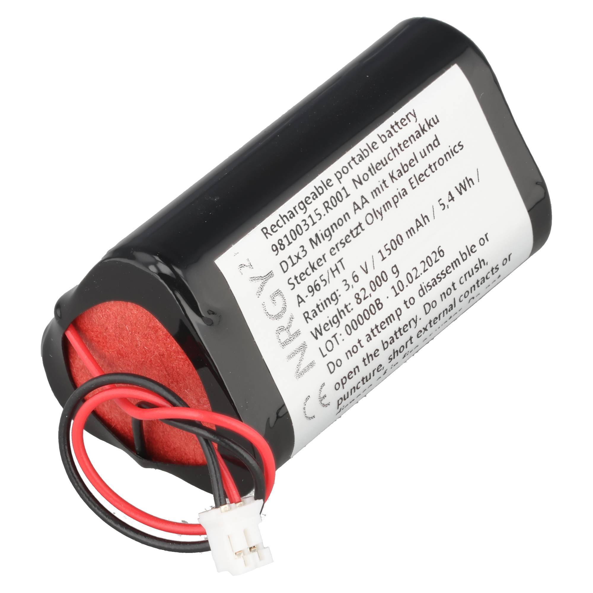 Wiederaufladbares tragbares Batteriepak mit befestigten roten und schwarzen Kabeln und weißem Stecker, gekennzeichnet mit Spezifikationen und Warntext.