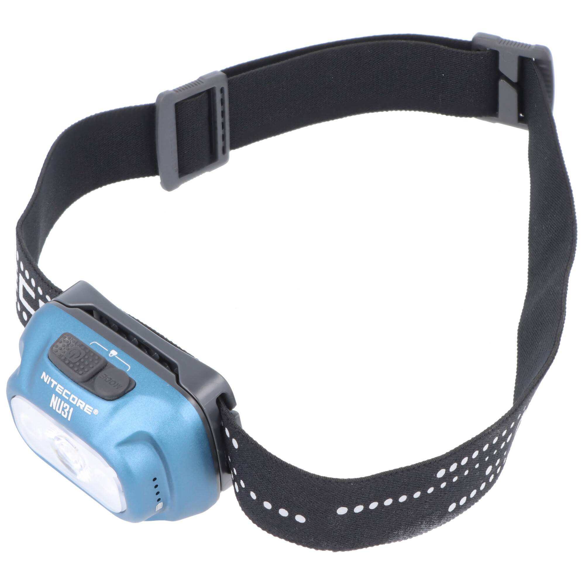 Blaue Nitecore NU31 Stirnlampe mit verstellbarem schwarzem elastischem Kopfband, auf weißem Hintergrund dargestellt.