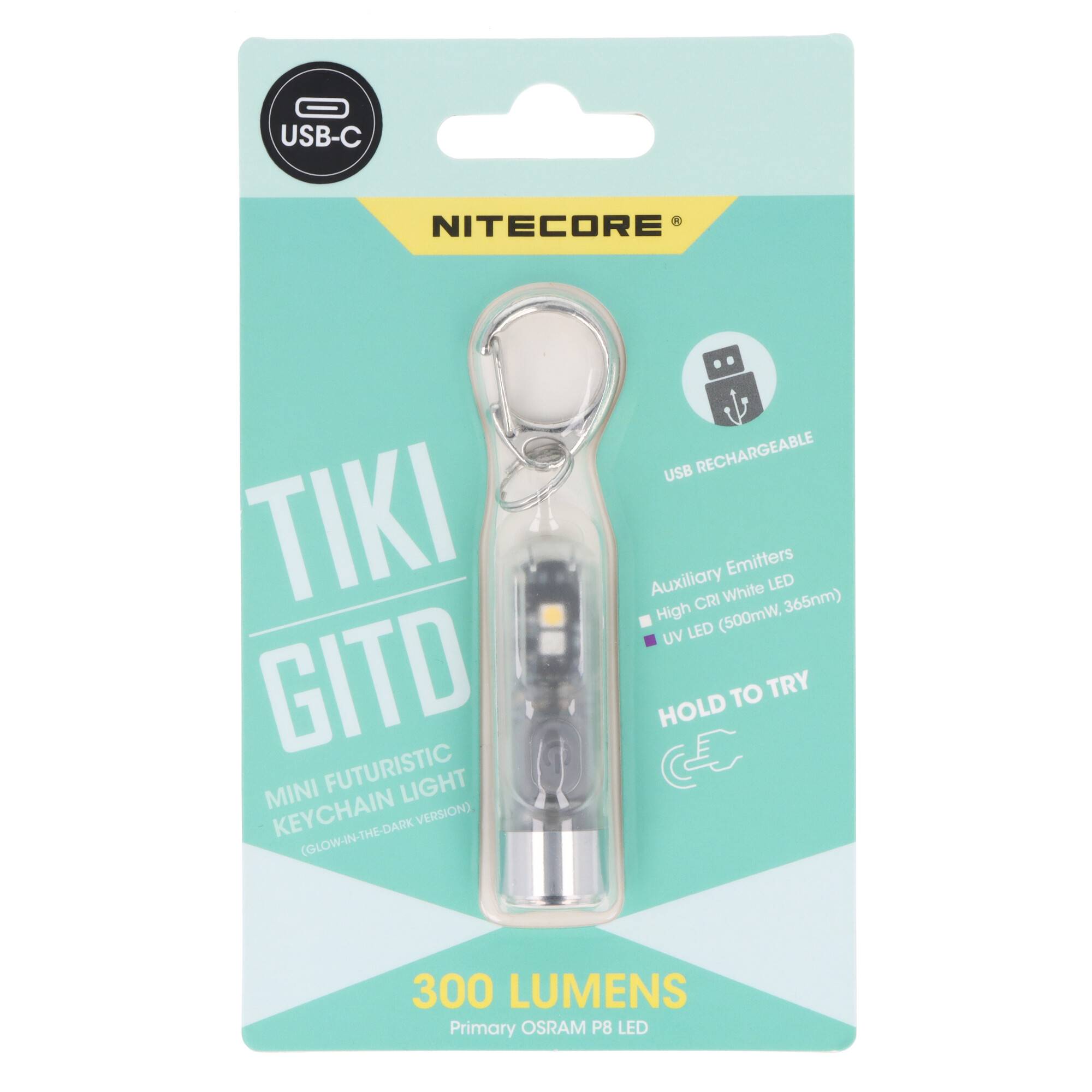 Nitecore TIKI GITD USB-C aufladbares Mini-Schlüsselbundlicht Verpackung, zeigt 300 Lumen und zusätzliche weiße und UV-LEDs.