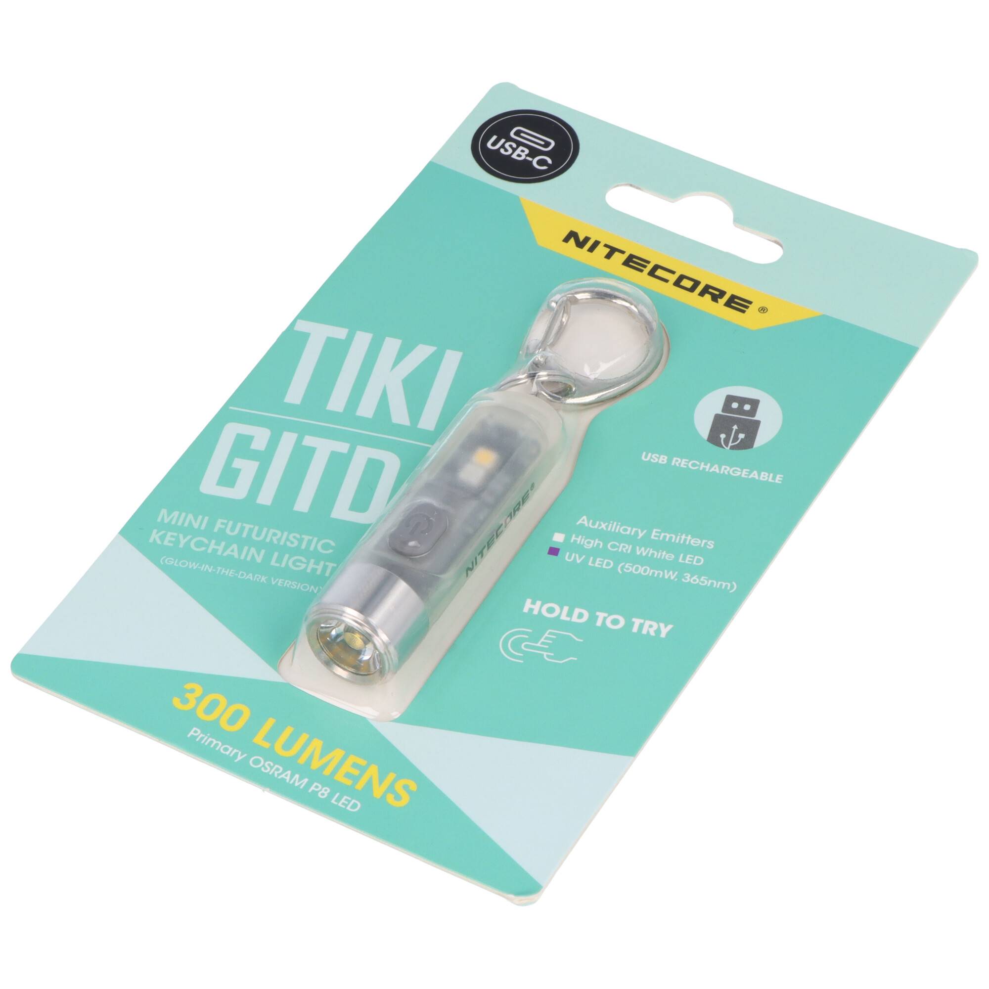NITECORE TIKI GTID Mini-Schlüssellicht in Einzelhandelsverpackung, gekennzeichnet als USB-C aufladbar und 300 Lumen.