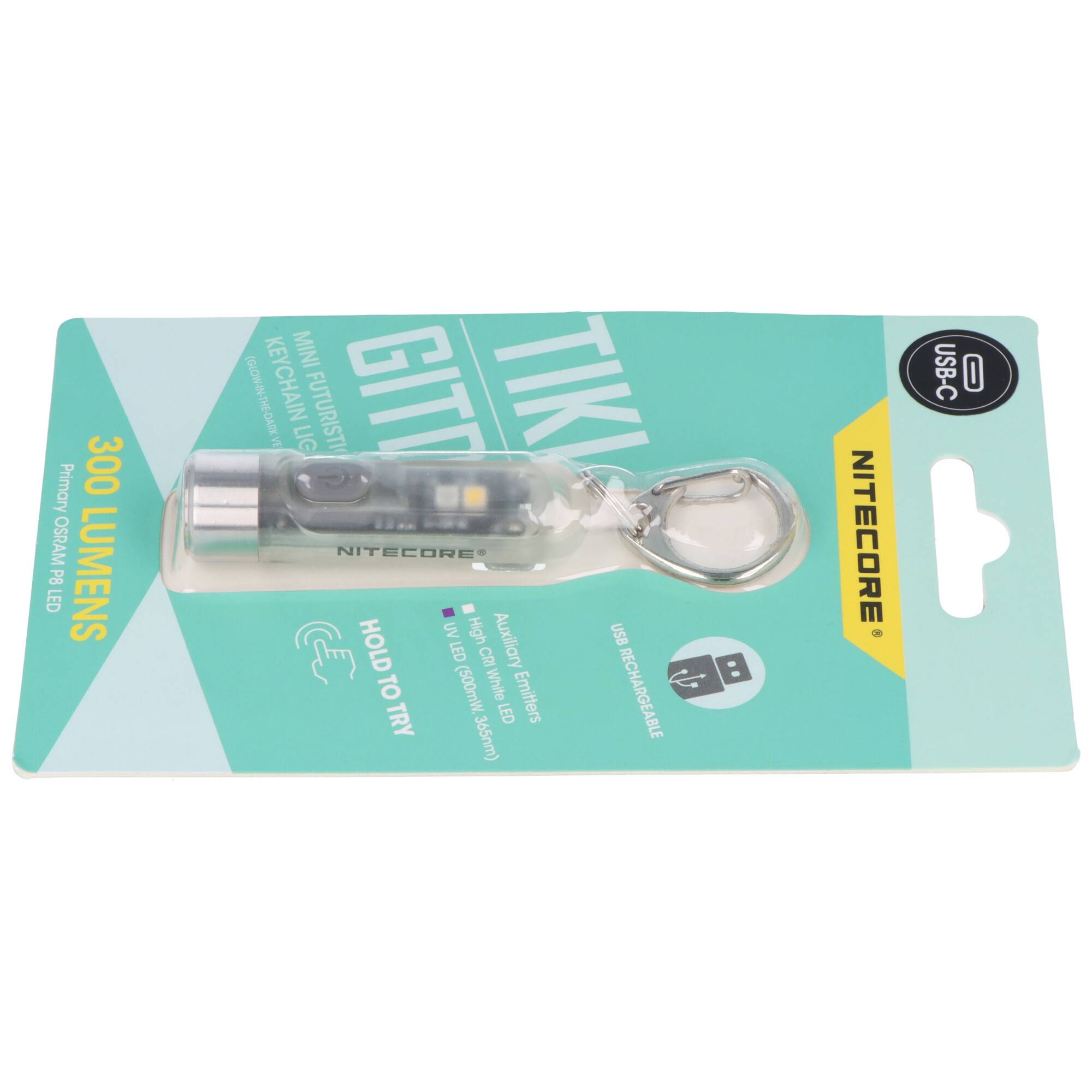 Verpackung für eine Nitecore USB-C Titanium Schlüsselanhänger-Taschenlampe, gekennzeichnet mit 300 Lumen und 