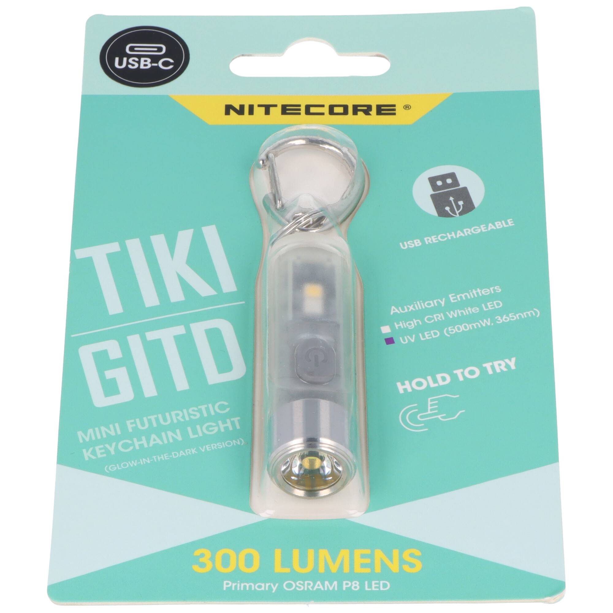 Verpackte Nitecore TIKI GTD Mini-USB-C-aufladbare Schlüssellicht, mit 300 Lumen gekennzeichnet, mit Schlüsselring und durchsichtigem Kunststoffetui.