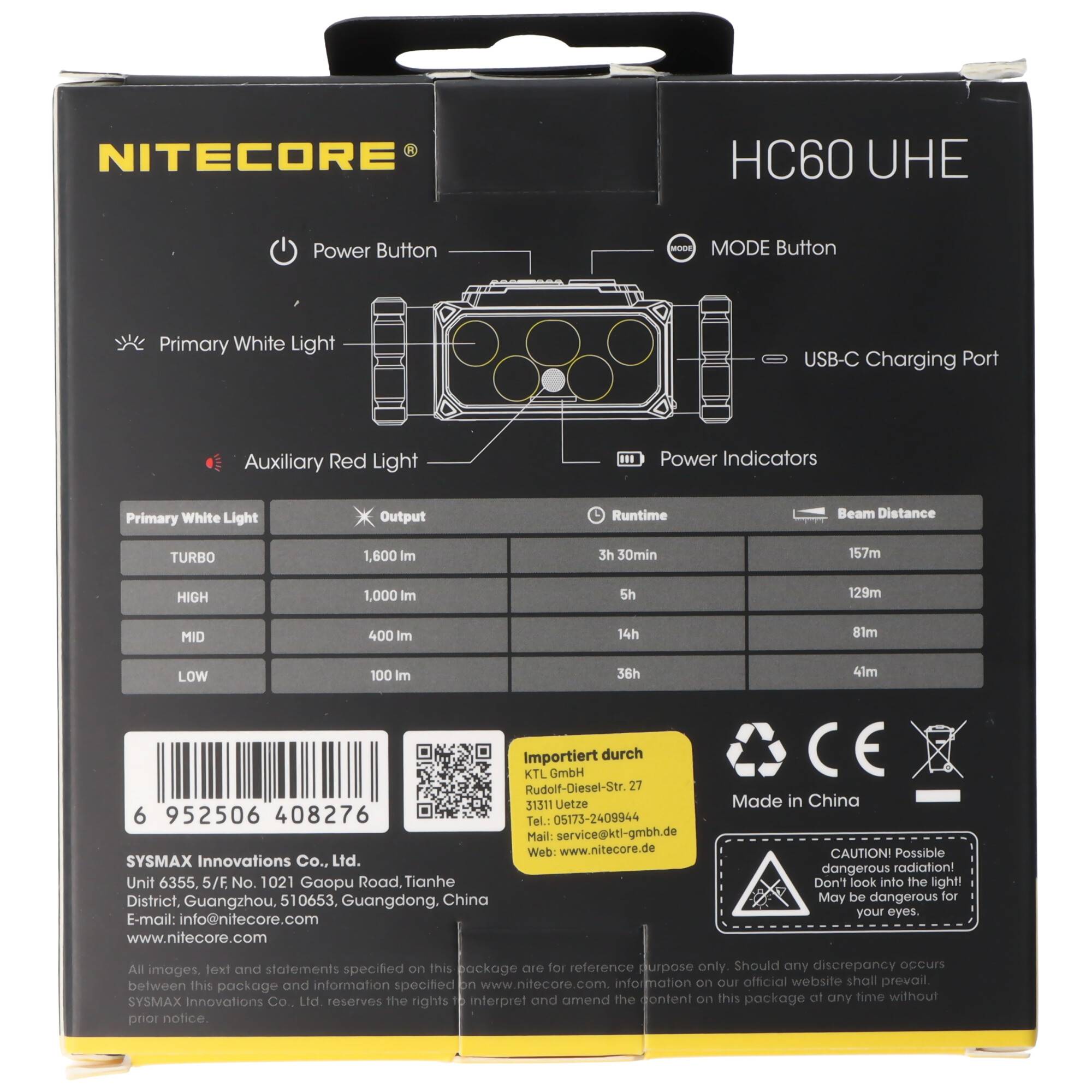 NITECORE HC60 UHE Stirnlampen-Verpackung mit Produktdiagramm, Beschriftungen der Tasten, USB-C-Ladeanschluss und Tabelle für Lichtstrom/Laufzeit.